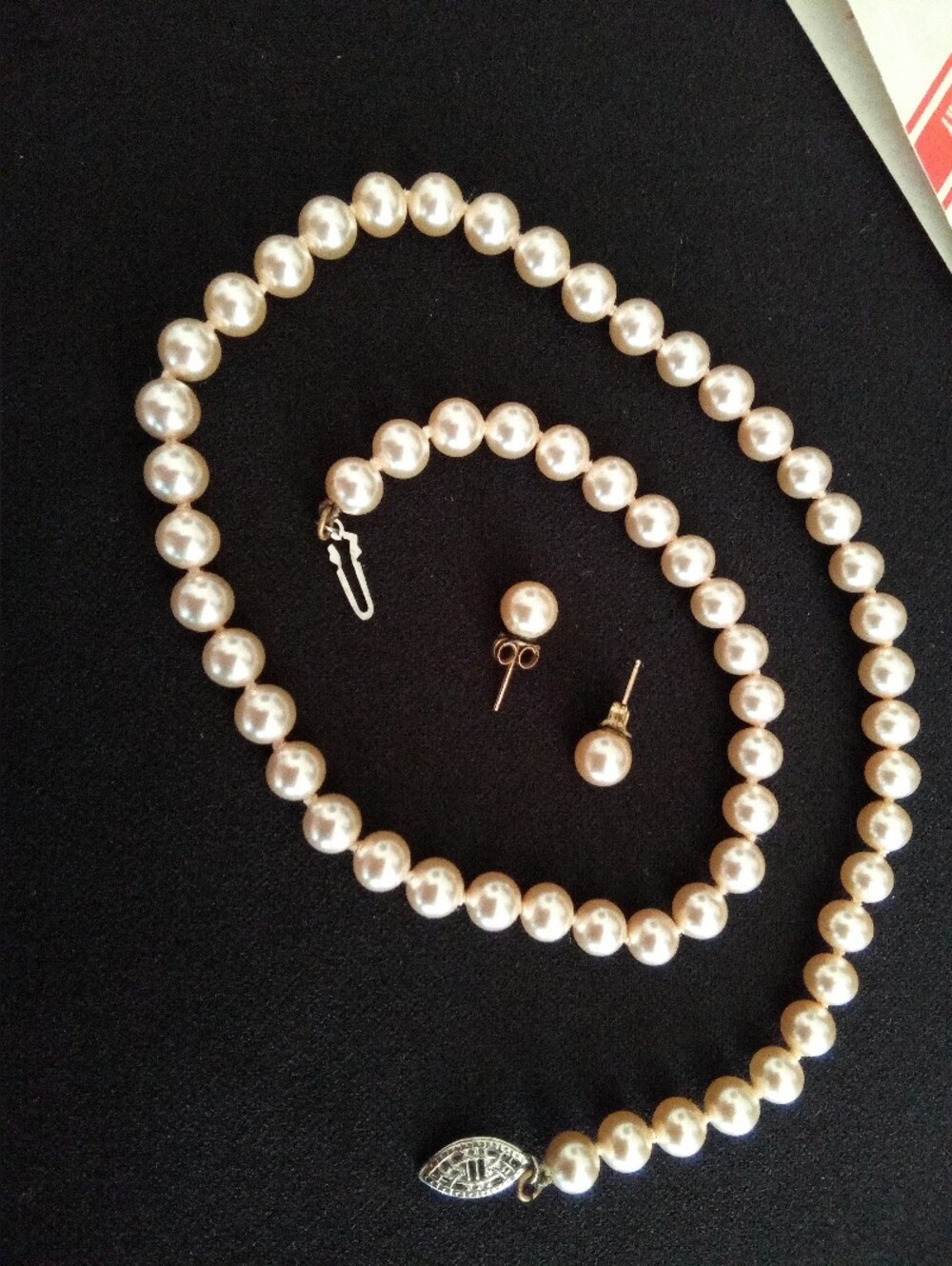 Geniune Authentic Mallorca Pearl Post Stud Earrings & Necklace Choker Set Silver